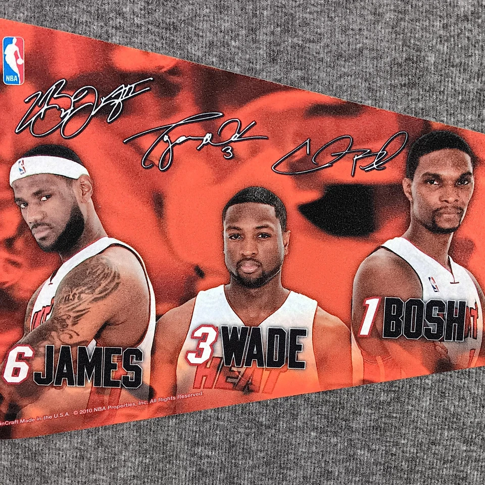 Miami Heat Pennant Banner NBA Basketball LeBron James Wade Bosh Big Three - Image 2 of 4