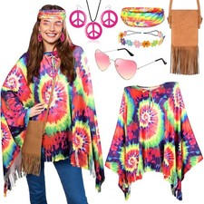 Hippie Kostüm Damen 70er 80er Jahre Kostüm Hippie Poncho Oberteil Bluse Kleid...