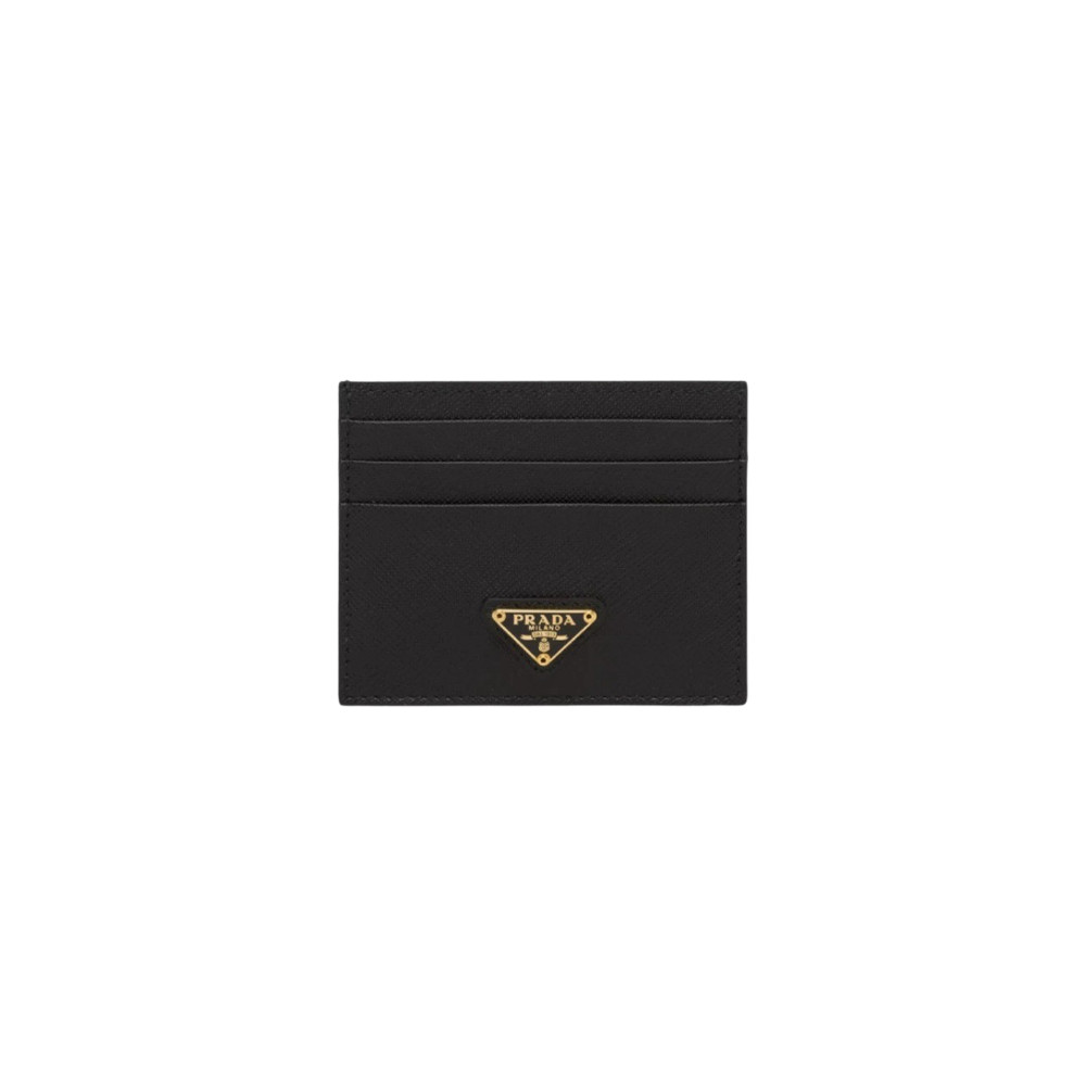 Prada Saffiano Leather Triangle Logo Card Holder - Black & Gold Official