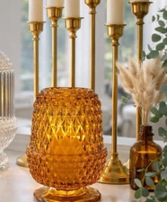 Vtg Indiana Glass Amber Fairy Lamp Light 5" Diamond Point Angel Light 1970s