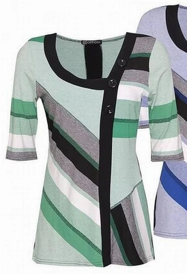 Shirt Halbarm Viskose asymmetrischer Ausschnitt Streifen grün weiß grau schwarz - Bild 1 von 2