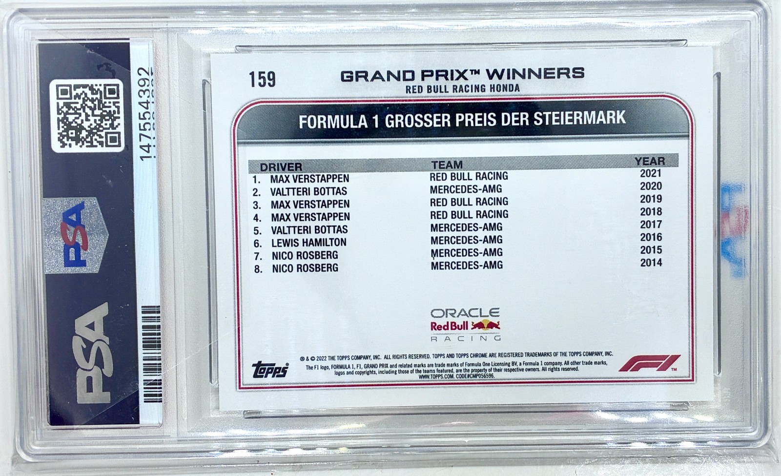 2022 TOPPS CHROME F1 MAX VERSTAPPEN #159 B/W RAYWAVE REFRACTOR PSA 9 MINT view 2