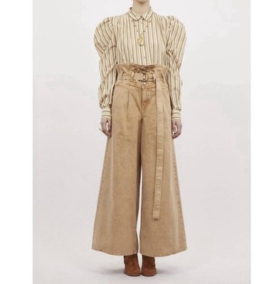 Ulla Johnson Dari Blouse Womens 12 Sand Stripe Puff Sleeve Oversized Cotton NWT