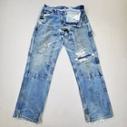 Jeans vintage chave joelho duplo remendado à mão reparado upcycled desgastado 32×32