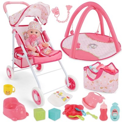 Baby Doll Stroller Set with 12'' Baby Dolls Nursery Playset 17 PCS Baby Doll A...