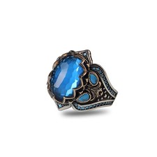 925 Sterling Silver Blue Topaz Gemstone with Turquoise Side Stones Men's Silver