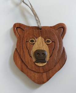 Handmade 3D Intarsia Wooden Inlay Bear Face CHRISTMAS ORNAMENT 3”
