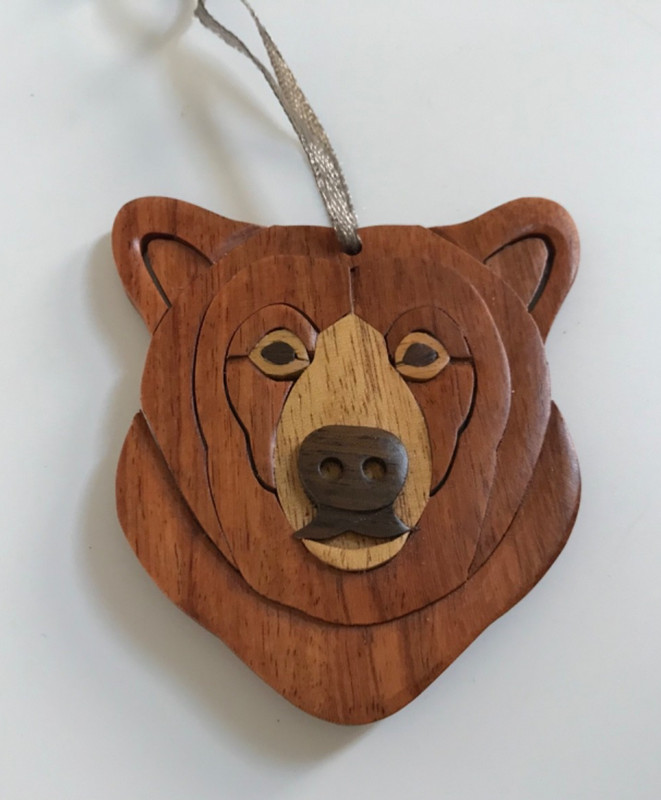 Handmade 3D Intarsia Wooden Inlay Bear Face CHRISTMAS ORNAMENT 3”