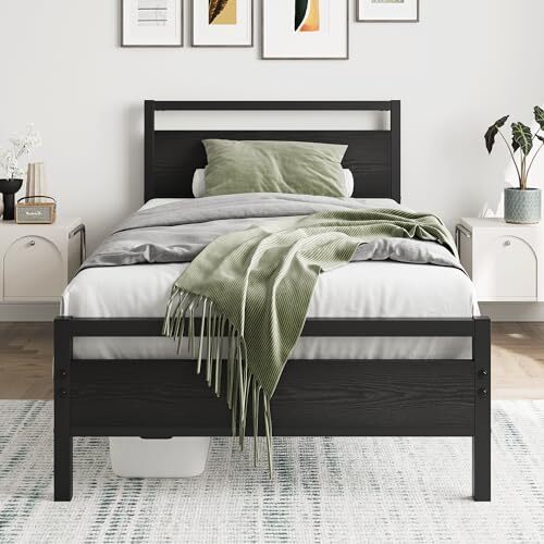HOJINLINERO Twin Black Metal Platform Bed with Wood Headboard  -image