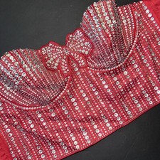 Victoria's Secret S 32C 34B CORSET TOP BRA RED crystal bling embellish Bow Satin