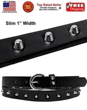 Women Gothic Silver Metal Studs Black Bonded Slim 1" Width Leather Belt