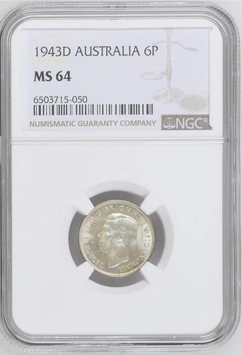 AUSTRALIA 6 Pence 1943-D, Silver, KGVI, NGC MS 64 Choice UNC / BU, Luster.   A2