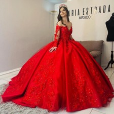 Red Quinceanera Dresses Off Shoulder Long Sleeve Beaded Sweet 16 Prom Ball Gowns