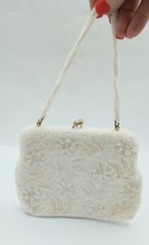 Vintage Art Deco White Micro Beaded Purse Clutch, Kiss Closure-2 Sided Designs