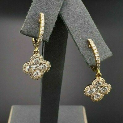 18K massives Rotgold 1,28ct runder Brillant Diamant Ohrhänger/Tropfen Kleeblatt Ohrringe