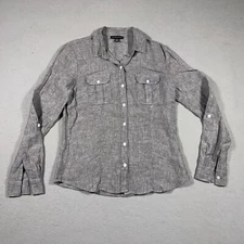 Saks Fifth Avenue Women Shirt Small Light Gray Linen Basic Minimalist Roll Tab