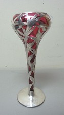 GORGEOUS ART NOUVEAU SILVER OVERLAY on CRANBERRY ART GLASS VASE, 10