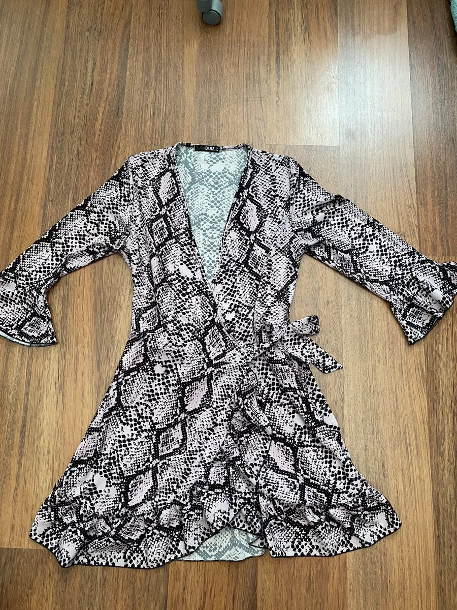 Gorgeous Quiz Pink Black Dress Snake Print Frill Wrap Size 8 VGC