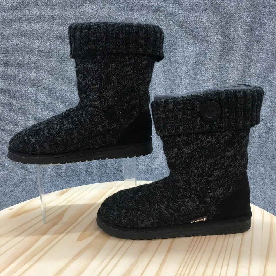 Botas de nieve de invierno MukLuks para mujer 9 Janet negras imitación gamuza tirar de piel sintética tejidas Foto 2 de 4