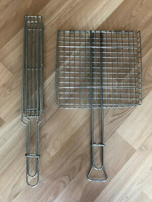 2 Used Heavy Duty Stainless Steel Folding Kebob & Fish / Burger BBQ Grill Racks