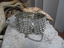 Rare Albert WEISS Silver Tone Prong Set Rhinestone 6 rows Safety chain Bracelet 
