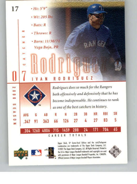 2001 SP Game Used Edition #17 Ivan Rodriguez (ref 139928) - Image 2 of 2