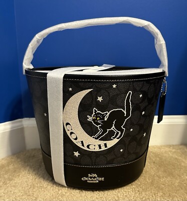 Coach Trick Or Treat Bucket Halloween Moon Stars Cat Black 2024 New Nwt!