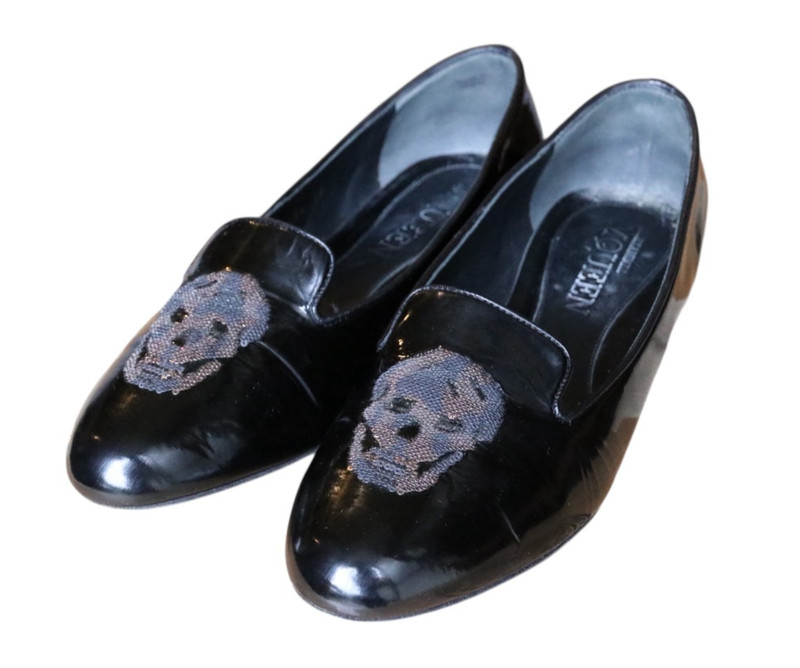 Alexander McQueen Black Leather Flats Sequin Skull Toe Women’s SZ 39 US 8.5