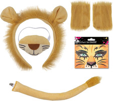 5 Pieces Lion King Costume,Hairband Nose Gloves Tail Face Sticker Suit, Lion Cos