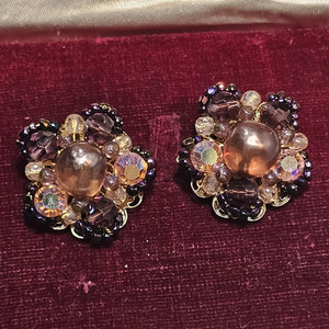 Alice Caviness Signed Purple Glass Bead Flower Cluster Clip-On Earrings