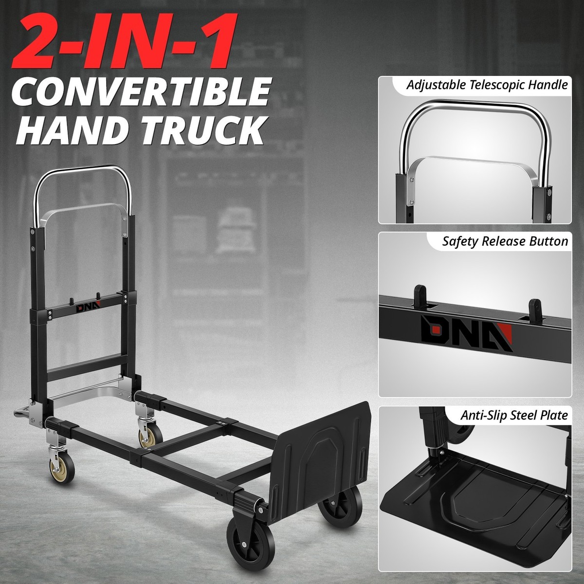 29.7-36.6in Adjustable 660lbs Black Platform Hand Truck Warehouse