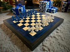 Handcrafted Ocean Blue Epoxy Resin & Pine Wood Chess Board Set w/ Pieces