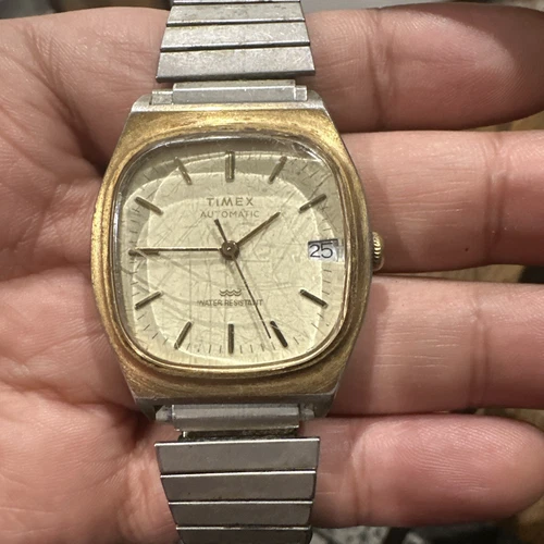Vintage timex Men's Automatic Gold Tone Square Silver Bracelet 34mm For Repair