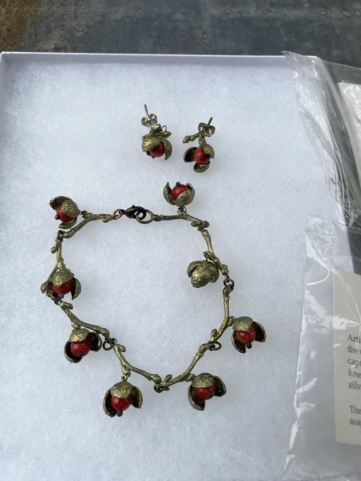 Juego de pulsera y pendientes colgantes Michael Michaud rojo coral gema bayas Foto 4 de 4