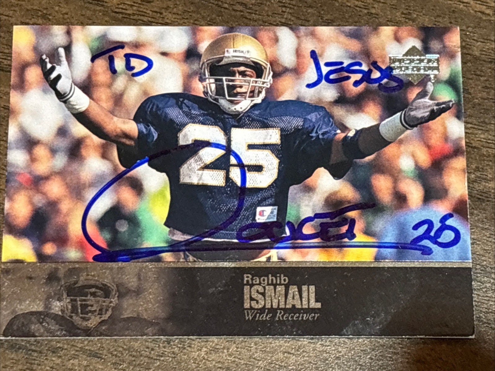 ROCKET ISMAIL SIGNED NOTRE DAME 2011 UPPER DECK TOUCHDOWN JESUS INSCRIPTION