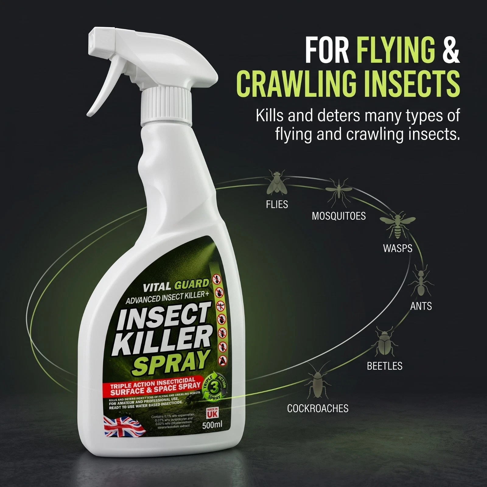 Vital Guard Insect Killer Spray 500ml Water Based Non Staining