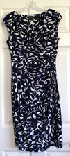 Lauren Ralph Lauren Dress Womens 8 Navy Blue Geometric Print Faux Wrap Pull On