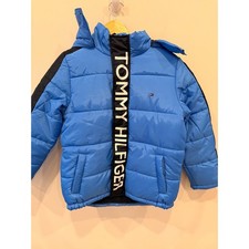 Tommy Hilfiger Kids Puffer Jacket Blue Black Full Zip Hooded Winter Med 10/12