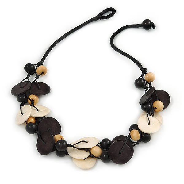 Black/ Natural Wood Bead Black Cord Necklace - 52cm L
