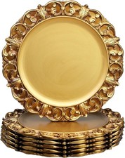 13" Antique Gold Charger Plates, Set of 6 Plastic Textured Chargers for Dinner P