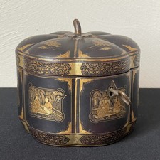 19th Century Chinese Export Tea Caddy Melon Form Gilded Black Lacquer w Key