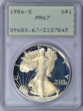 1986-S AMERICAN SILVER EAGLE PCGS PR67 RATTLER OGH SCARCE