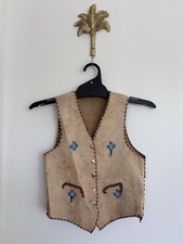 Vintage Western Suede Leather Vest Beaded Fringe Cowboy Child 10