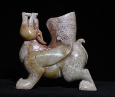 4'' Old Chinese Dynasty Hetian Jad Carving Pixiu Brave Troops Beast Cup Statue