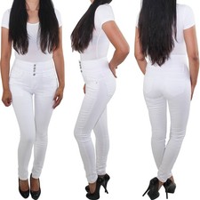 Damen 4 Knopf Corsagenhose Skinny Jeans Röhren Slim Fit Hose High Waist Stretch