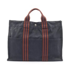 HERMES Foulonneau MM Tote Bag Canvas Dark Navy Brown Silver Hardware #RC4345