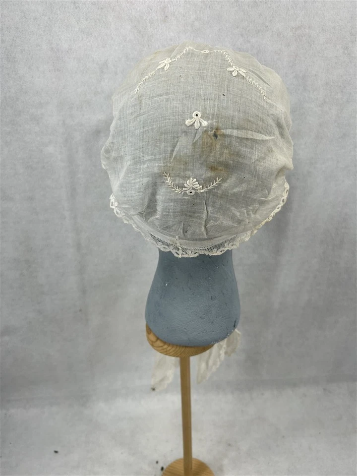 antique baby hat bonnet doll hand made white lace 14 around face 19th original  - Image 3 of 4