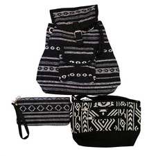 Image of Woven Geometric Boho 3pc Bag Set Mini Backpack Crossbody Wristlet Black White