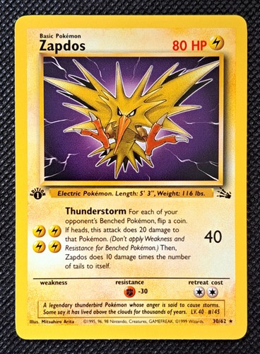 Pokemon TCG Zapdos 30/62 1st Edition Fossil Rare Non-Holo Card 1999 WOTC  NICE!