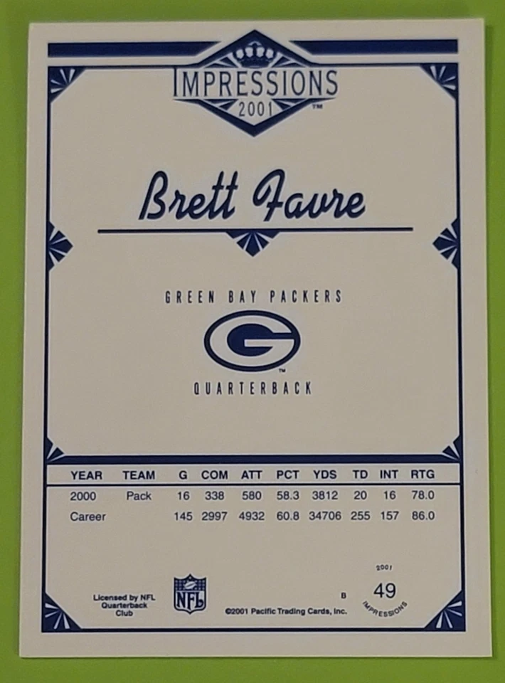 2001 Pacific Impressions - Brett Favre #49 - Green Bay Packers  - Image 2 of 2